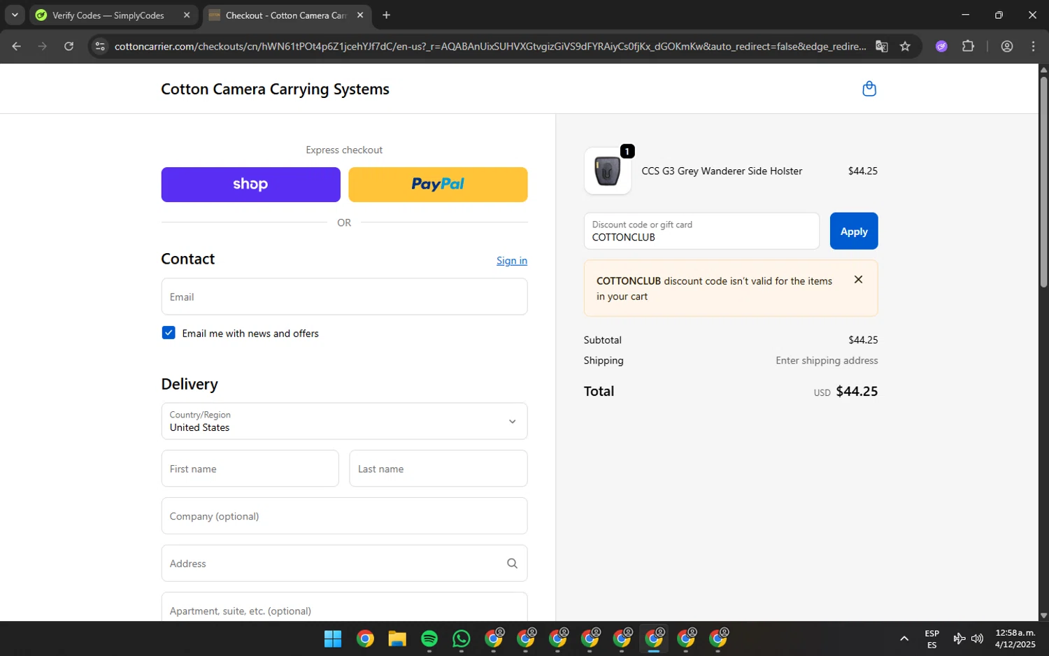 Cotton Carrier discount code screenshot showing code COTTONCLUB applied at Cotton Carrier checkout page. Uploaded by SimplyCodes community member Matrixx on Dec 4, 2025