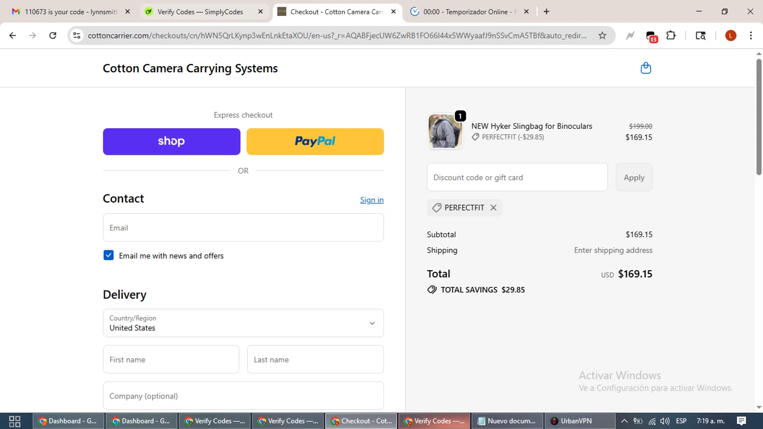 Cotton Carrier discount code screenshot showing code PERFECTFIT applied at Cotton Carrier checkout page. Uploaded by SimplyCodes community member BonusHero9692 on Nov 18, 2025