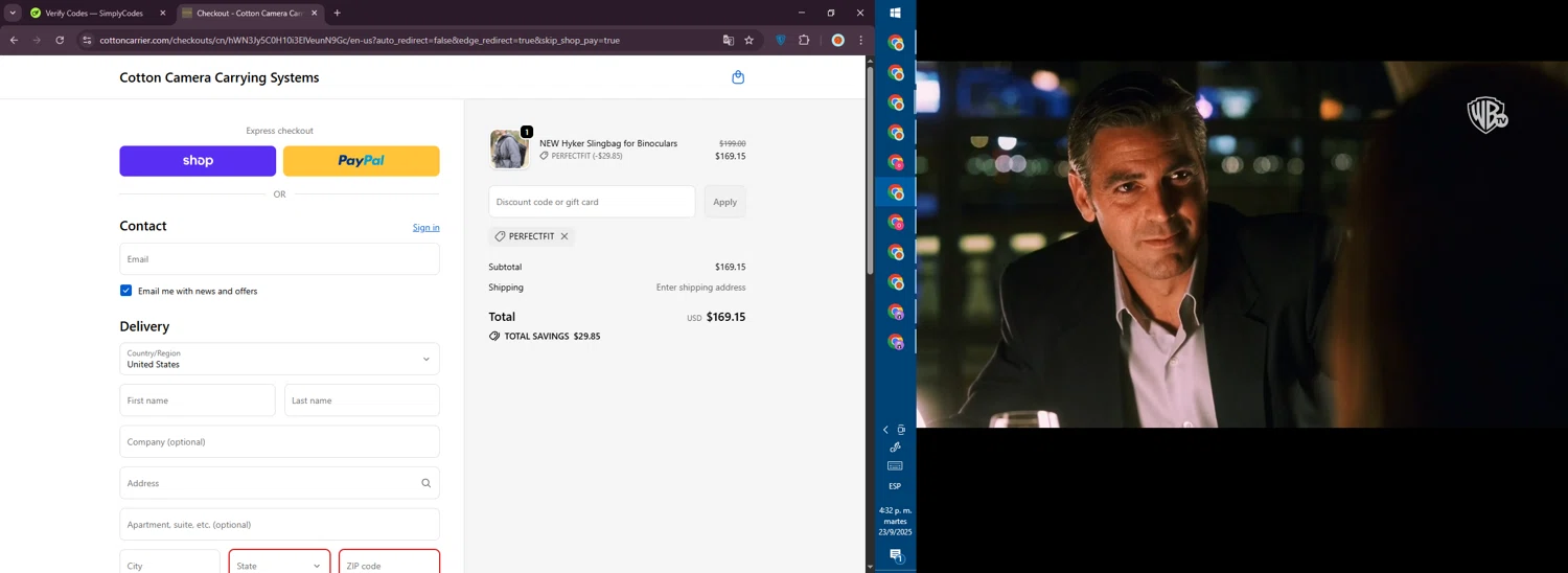 Cotton Carrier discount code screenshot showing code PERFECTFIT applied at Cotton Carrier checkout page. Uploaded by SimplyCodes community member PromoVoyager8446 on Sep 23, 2025
