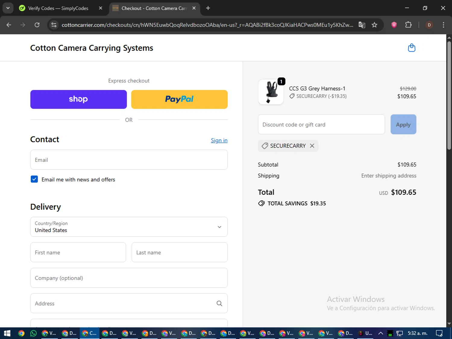 Cotton Carrier discount code screenshot showing code SECURECARRY applied at Cotton Carrier checkout page. Uploaded by SimplyCodes community member liltecca on Nov 13, 2025