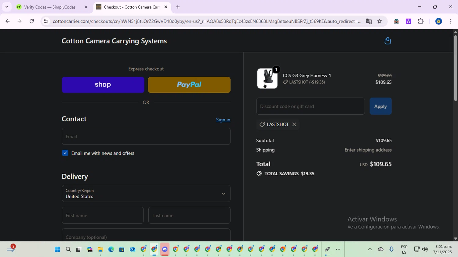 Cotton Carrier discount code screenshot showing code LASTSHOT applied at Cotton Carrier checkout page. Uploaded by SimplyCodes community member SwiftWarden6832 on Nov 7, 2025