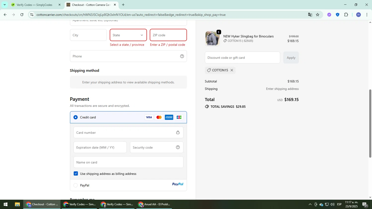 Cotton Carrier discount code screenshot showing code COTTON15 applied at Cotton Carrier checkout page. Uploaded by SimplyCodes community member QuestDefender2661 on Sep 23, 2025