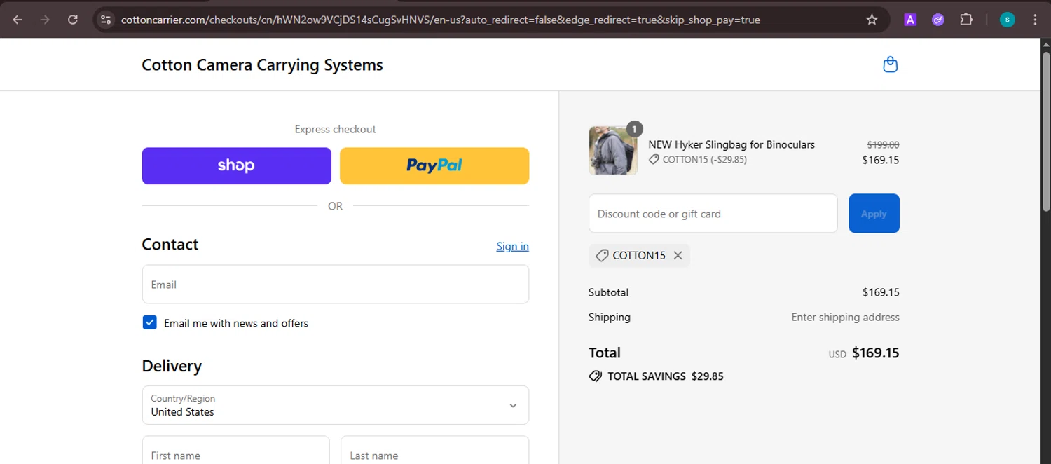 Cotton Carrier discount code screenshot showing code COTTON15 applied at Cotton Carrier checkout page. Uploaded by SimplyCodes community member ValiantChaser7723 on Sep 10, 2025