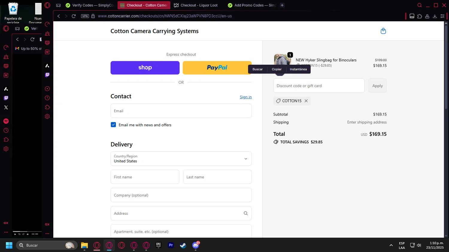 Cotton Carrier discount code screenshot showing code COTTON15 applied at Cotton Carrier checkout page. Uploaded by SimplyCodes community member leonardocamacho2 on Nov 23, 2025