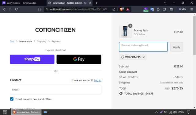 Cotton Citizen checkout page showing Cotton Citizen promo code box | Screenshot taken by SimplyCodes community member on Jan 11, 2024
