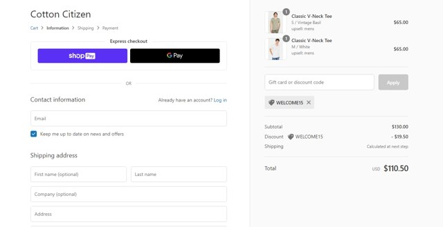 Cotton Citizen checkout page showing Cotton Citizen promo code box | Screenshot taken by SimplyCodes community member on Aug 5, 2021