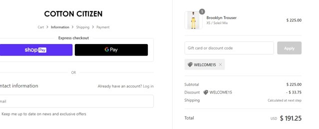 Cotton Citizen checkout page showing Cotton Citizen promo code box | Screenshot taken by SimplyCodes community member on Feb 26, 2021
