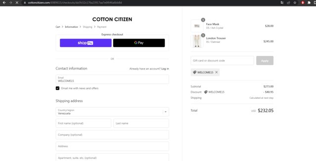 Cotton Citizen checkout page showing Cotton Citizen promo code box | Screenshot taken by SimplyCodes community member on Mar 28, 2022