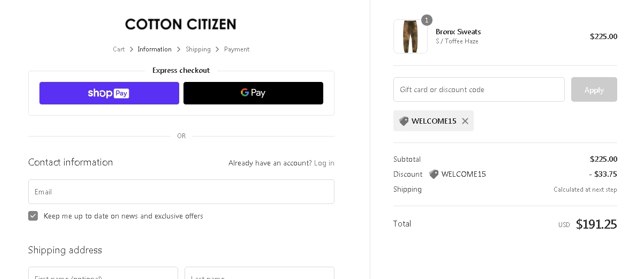 Cotton Citizen checkout page showing Cotton Citizen promo code box | Screenshot taken by SimplyCodes community member on May 1, 2021