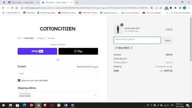 Cotton Citizen checkout page showing Cotton Citizen promo code box | Screenshot taken by SimplyCodes community member on Nov 18, 2023