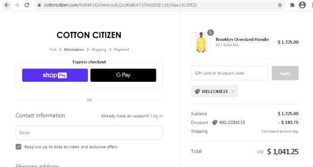 Cotton Citizen checkout page showing Cotton Citizen promo code box | Screenshot taken by SimplyCodes community member on Feb 26, 2021