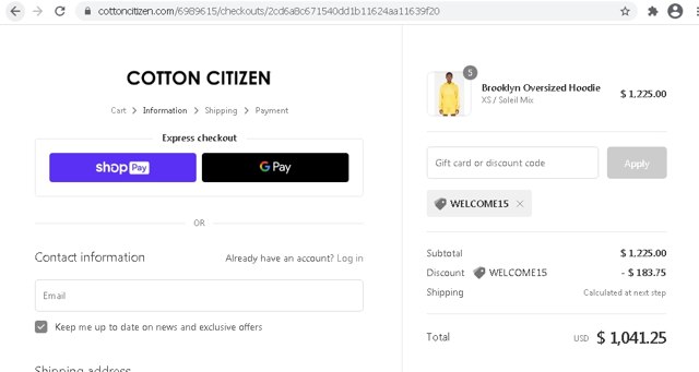 Cotton Citizen checkout page showing Cotton Citizen promo code box | Screenshot taken by SimplyCodes community member on Feb 26, 2021