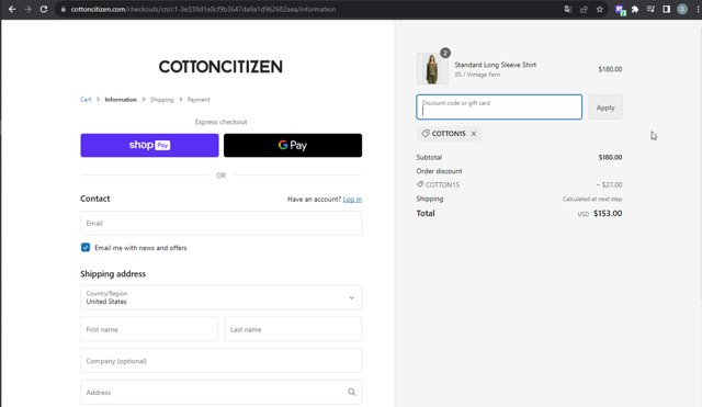 Cotton Citizen checkout page showing Cotton Citizen promo code box | Screenshot taken by SimplyCodes community member on Nov 10, 2023