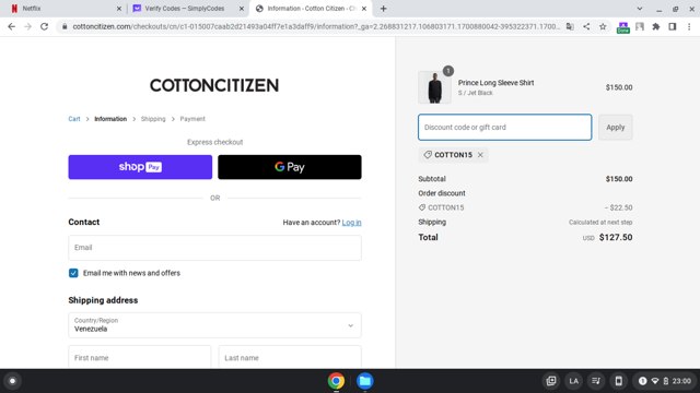 Cotton Citizen checkout page showing Cotton Citizen promo code box | Screenshot taken by SimplyCodes community member on Nov 25, 2023