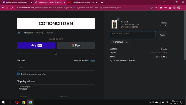 Cotton Citizen checkout page showing Cotton Citizen promo code box | Screenshot taken by SimplyCodes community member on Dec 12, 2023