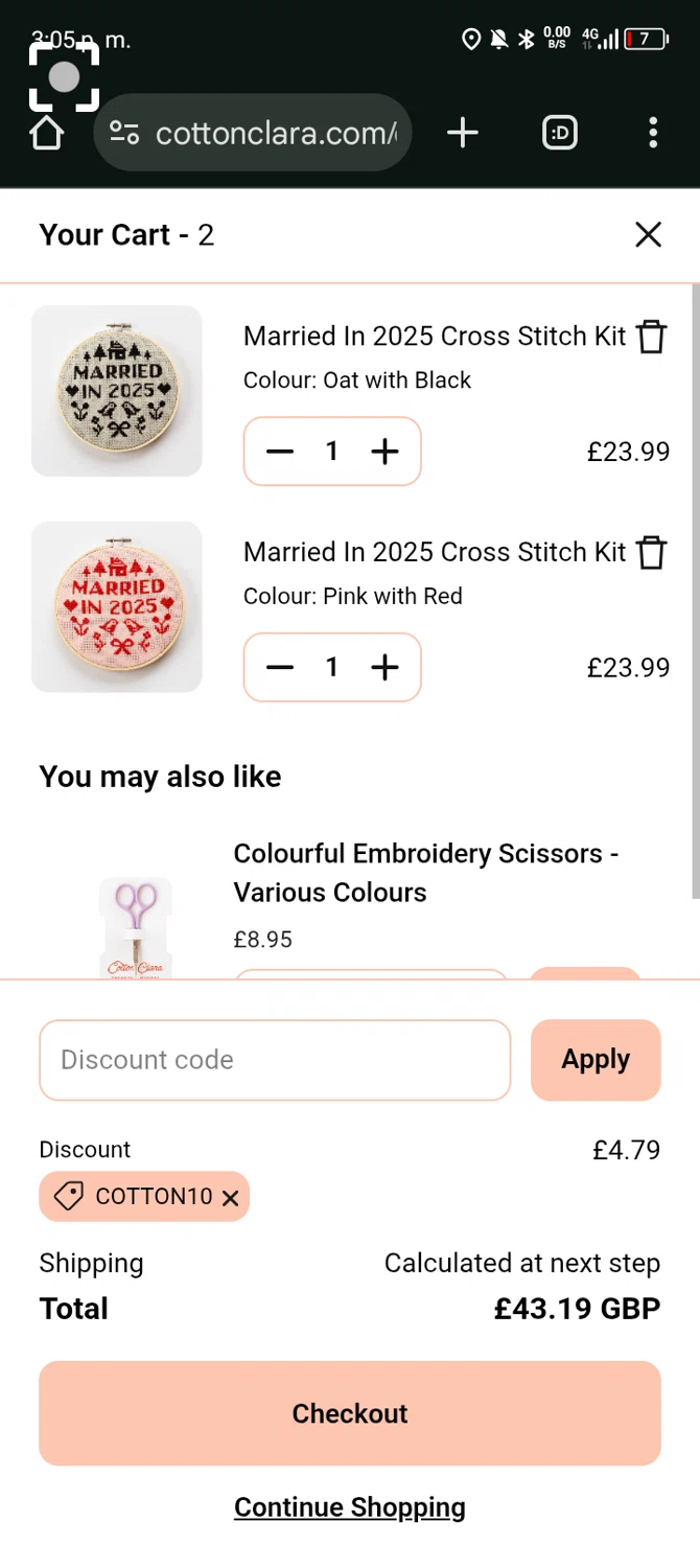 Cotton Clara discount code screenshot showing code COTTON10 applied at Cotton Clara checkout page. Uploaded by SimplyCodes community member Bernado on Sep 23, 2025