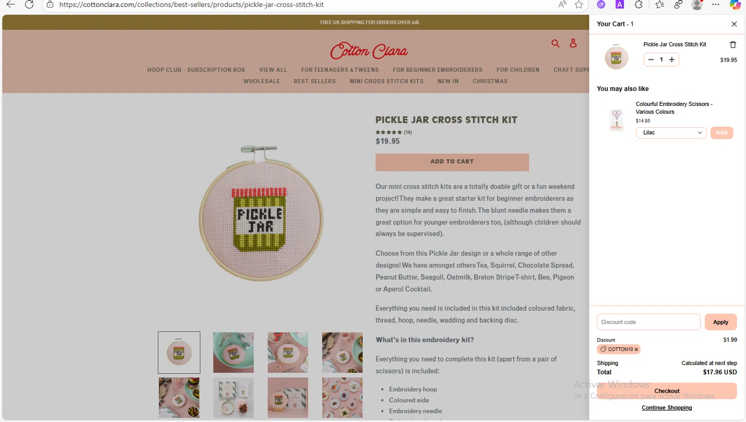 Cotton Clara discount code screenshot showing code COTTON10 applied at Cotton Clara checkout page. Uploaded by SimplyCodes community member VoucherWhiz9254 on Nov 12, 2025