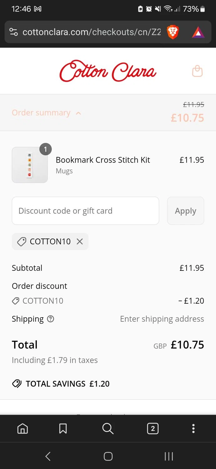 Cotton Clara discount code screenshot showing code COTTON10 applied at Cotton Clara checkout page. Uploaded by SimplyCodes community member luissdbv4 on Apr 3, 2025