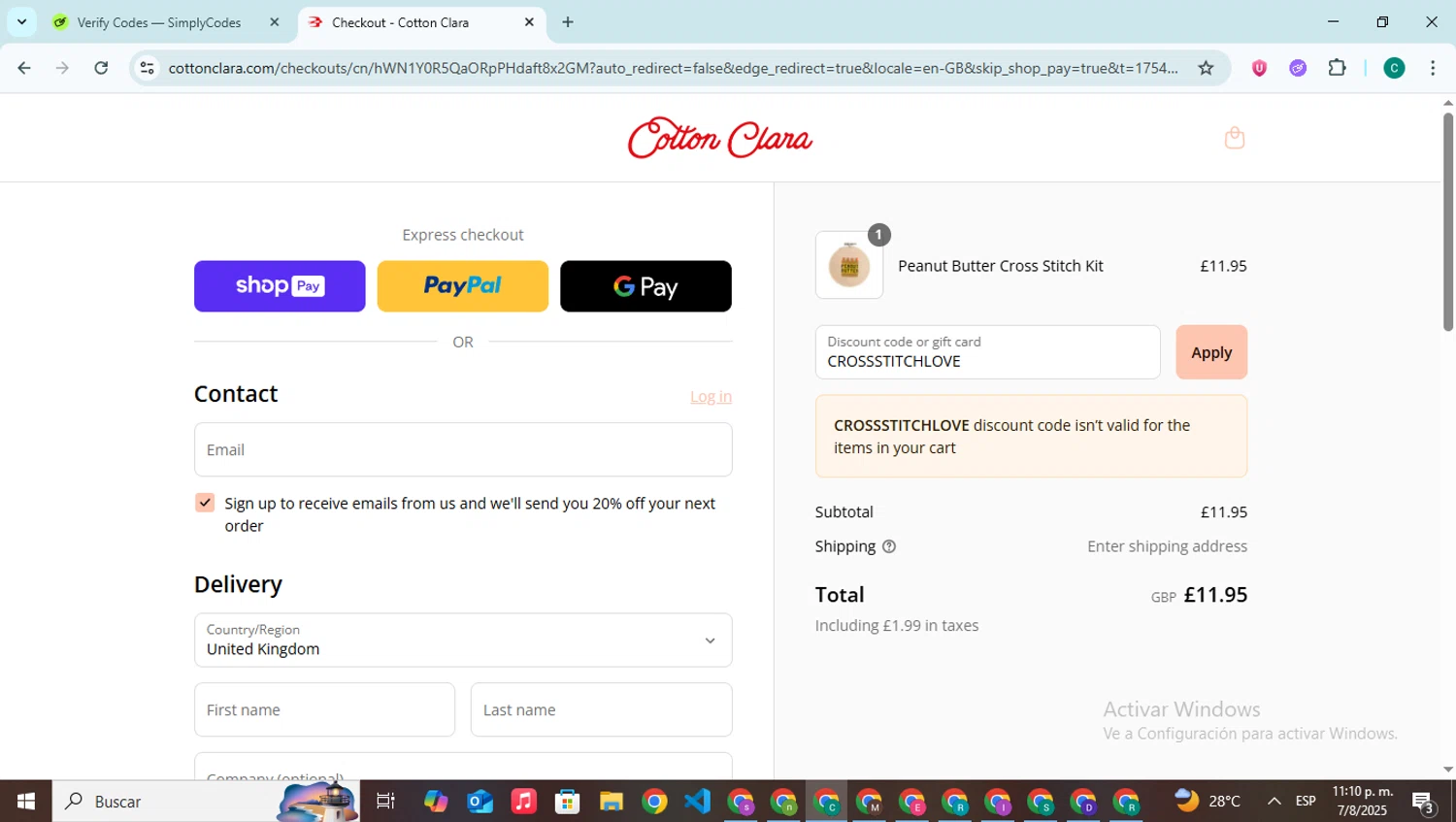Cotton Clara discount code screenshot showing code CROSSSTITCHLOVE applied at Cotton Clara checkout page. Uploaded by SimplyCodes community member BonusPilot927 on Aug 8, 2025