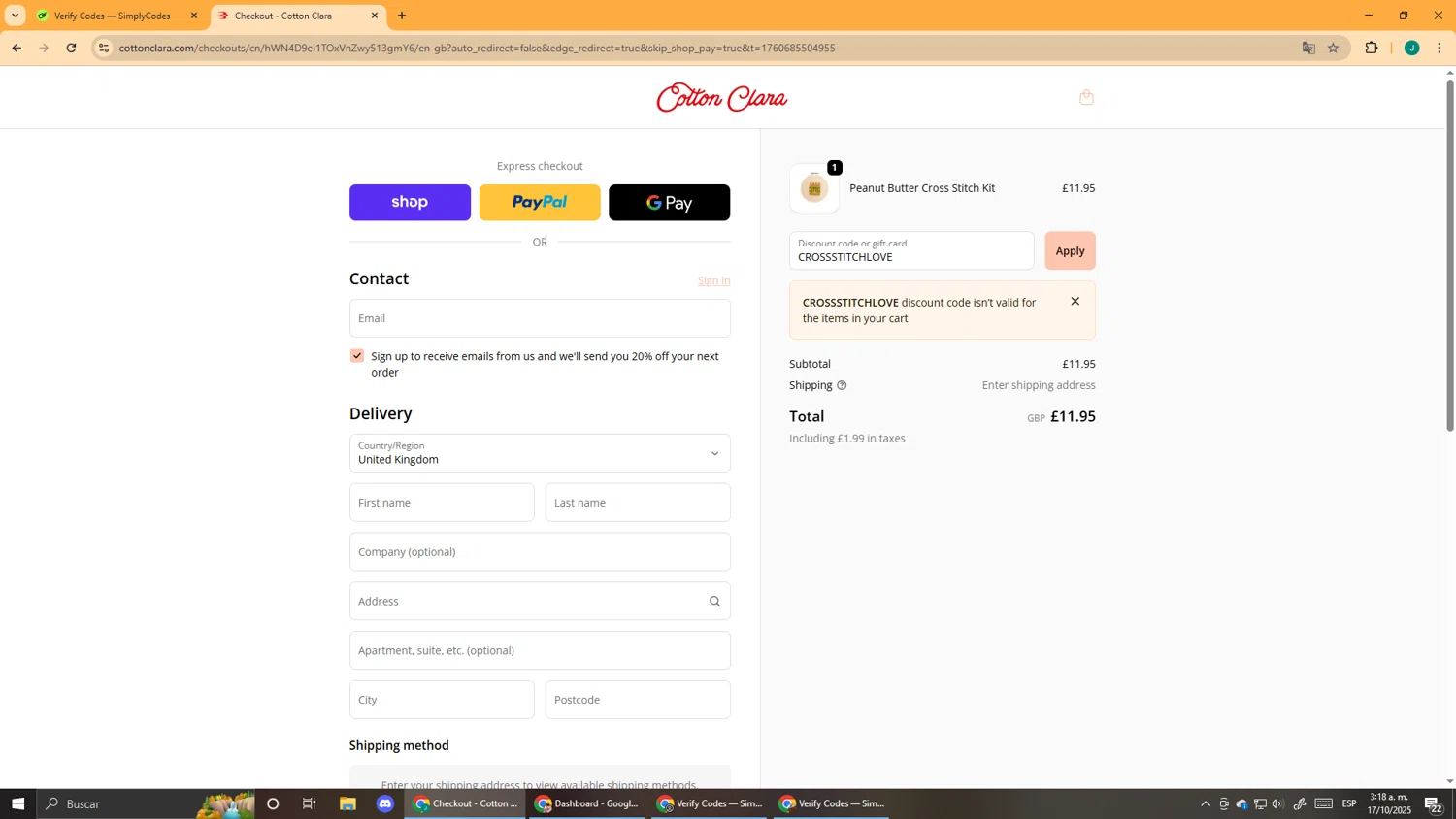 Cotton Clara discount code screenshot showing code CROSSSTITCHLOVE applied at Cotton Clara checkout page. Uploaded by SimplyCodes community member DealScout5970 on Oct 17, 2025