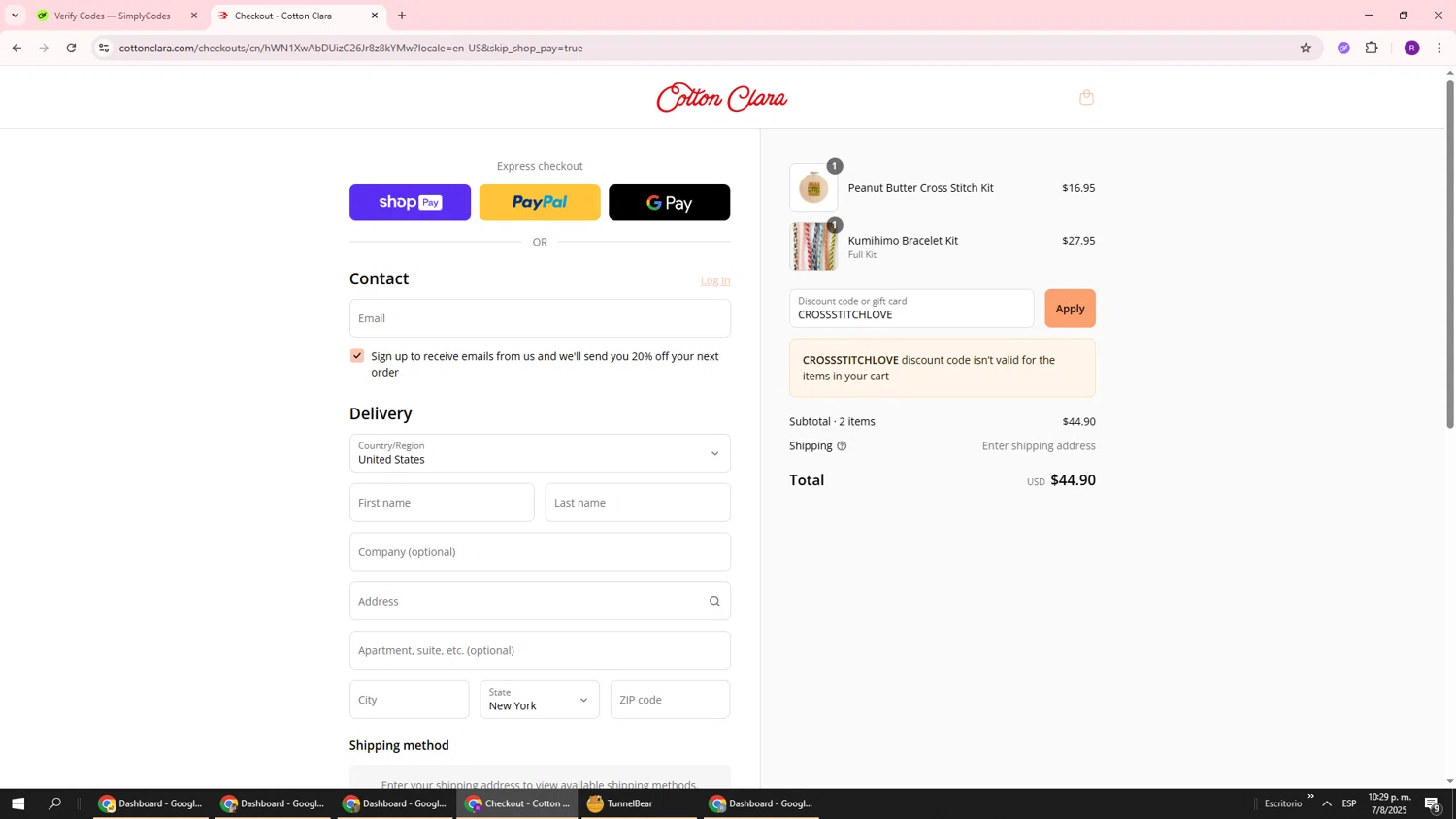 Cotton Clara discount code screenshot showing code CROSSSTITCHLOVE applied at Cotton Clara checkout page. Uploaded by SimplyCodes community member ukemochi on Aug 8, 2025