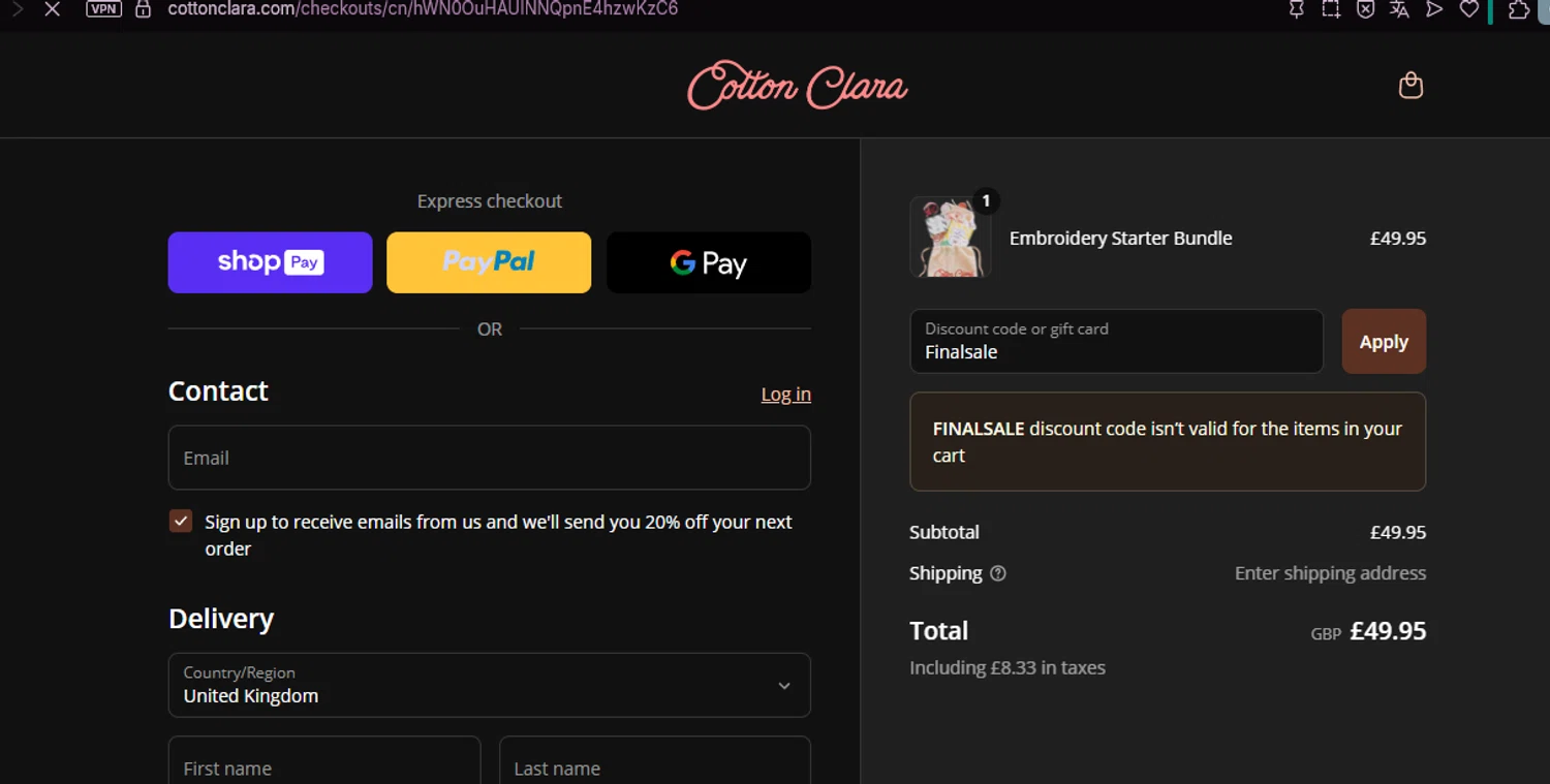 Cotton Clara discount code screenshot showing code Finalsale applied at Cotton Clara checkout page. Uploaded by SimplyCodes community member chepipi on Jul 8, 2025
