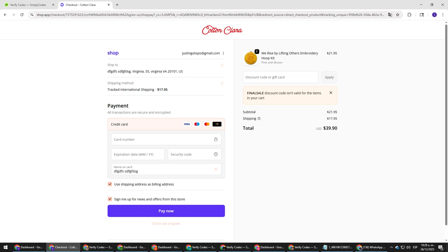 Cotton Clara discount code screenshot showing code Finalsale applied at Cotton Clara checkout page. Uploaded by SimplyCodes community member simplycodesssss on Dec 26, 2025
