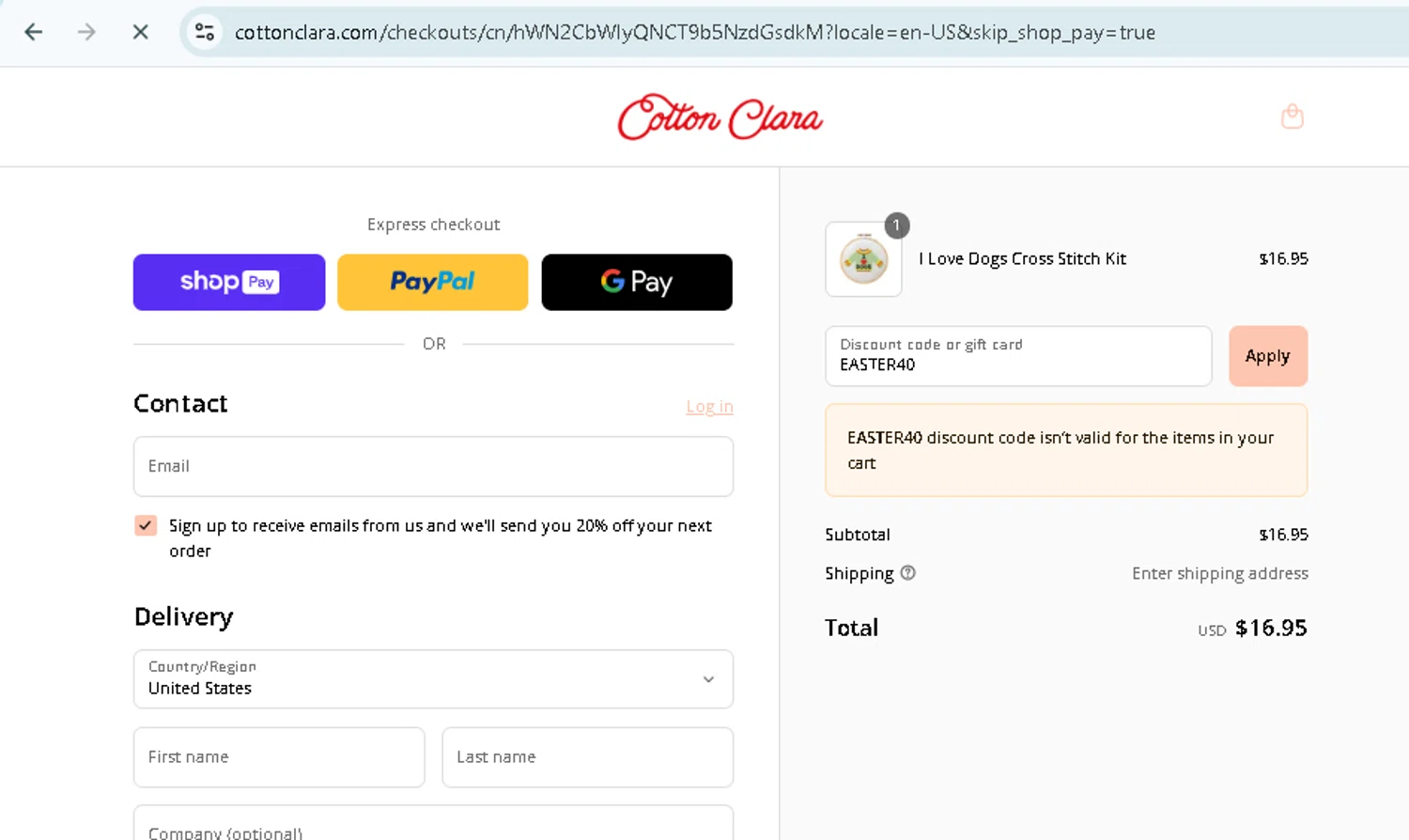 Cotton Clara discount code screenshot showing code EASTER40 applied at Cotton Clara checkout page. Uploaded by SimplyCodes community member TokenMonarch796 on Aug 25, 2025