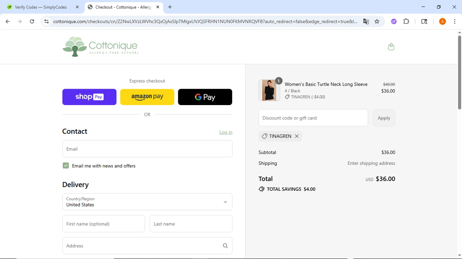 Cottonique discount code screenshot showing code TINAGREN applied at Cottonique checkout page. Uploaded by SimplyCodes community member ThriftyMaverick437 on Jul 10, 2025
