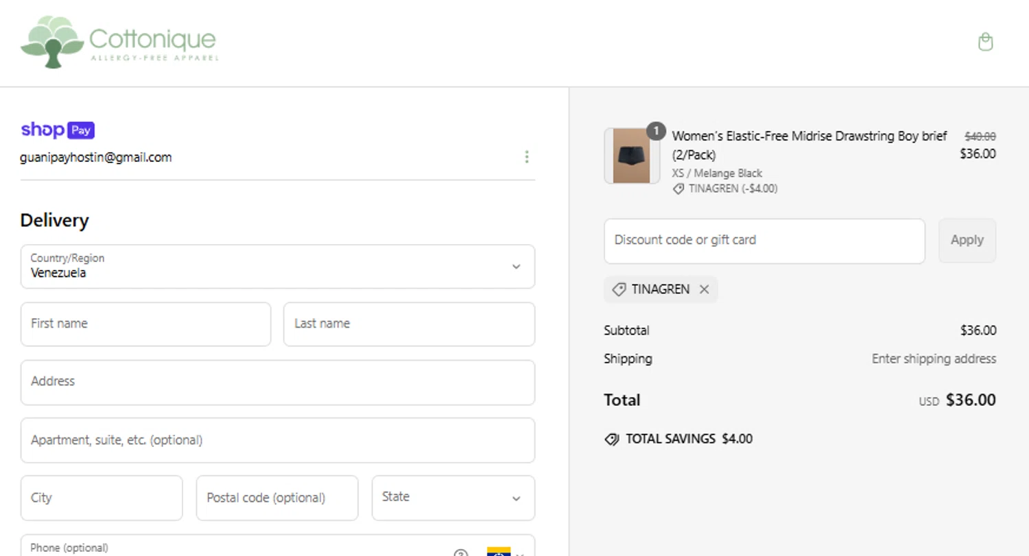 Cottonique discount code screenshot showing code TINAGREN applied at Cottonique checkout page. Uploaded by SimplyCodes community member scotlake22 on Mar 11, 2025