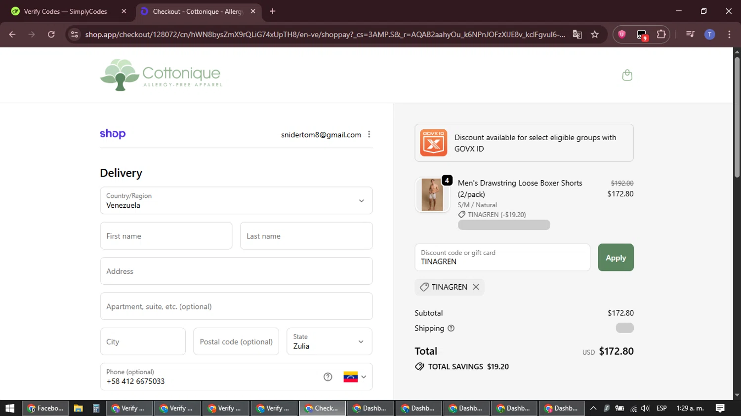 Cottonique discount code screenshot showing code TINAGREN applied at Cottonique checkout page. Uploaded by SimplyCodes community member snidertom8 on Feb 10, 2026