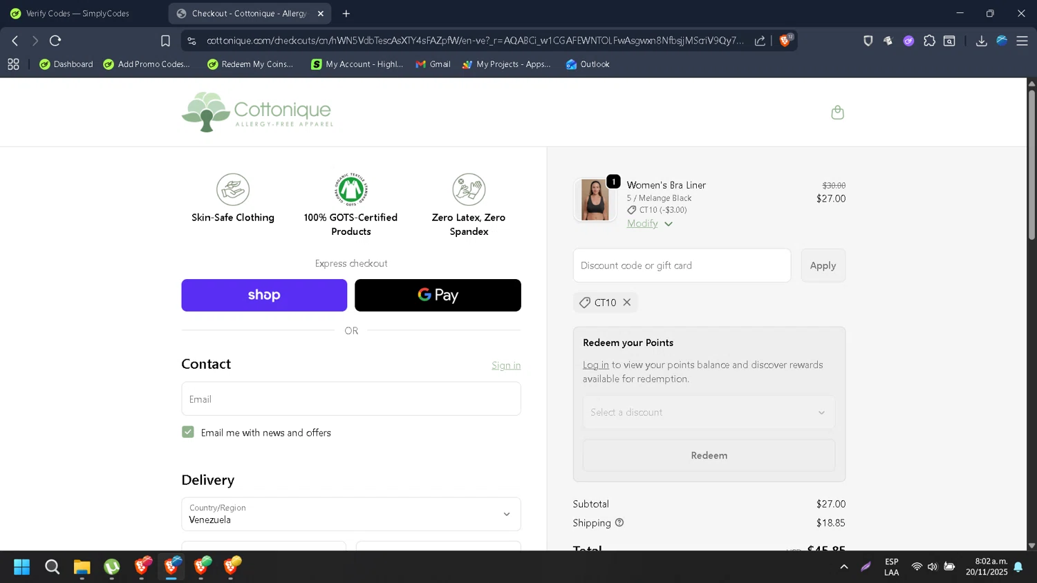 Cottonique discount code screenshot showing code CT10 applied at Cottonique checkout page. Uploaded by SimplyCodes community member HugoChavez1 on Nov 20, 2025