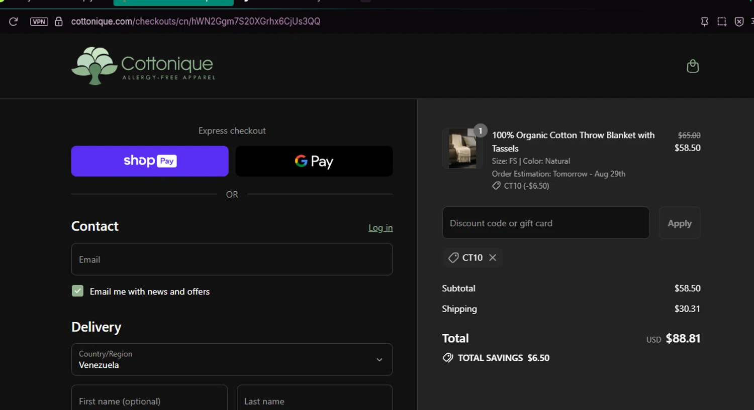 Cottonique discount code screenshot showing code CT10 applied at Cottonique checkout page. Uploaded by SimplyCodes community member chepipi on Aug 27, 2025