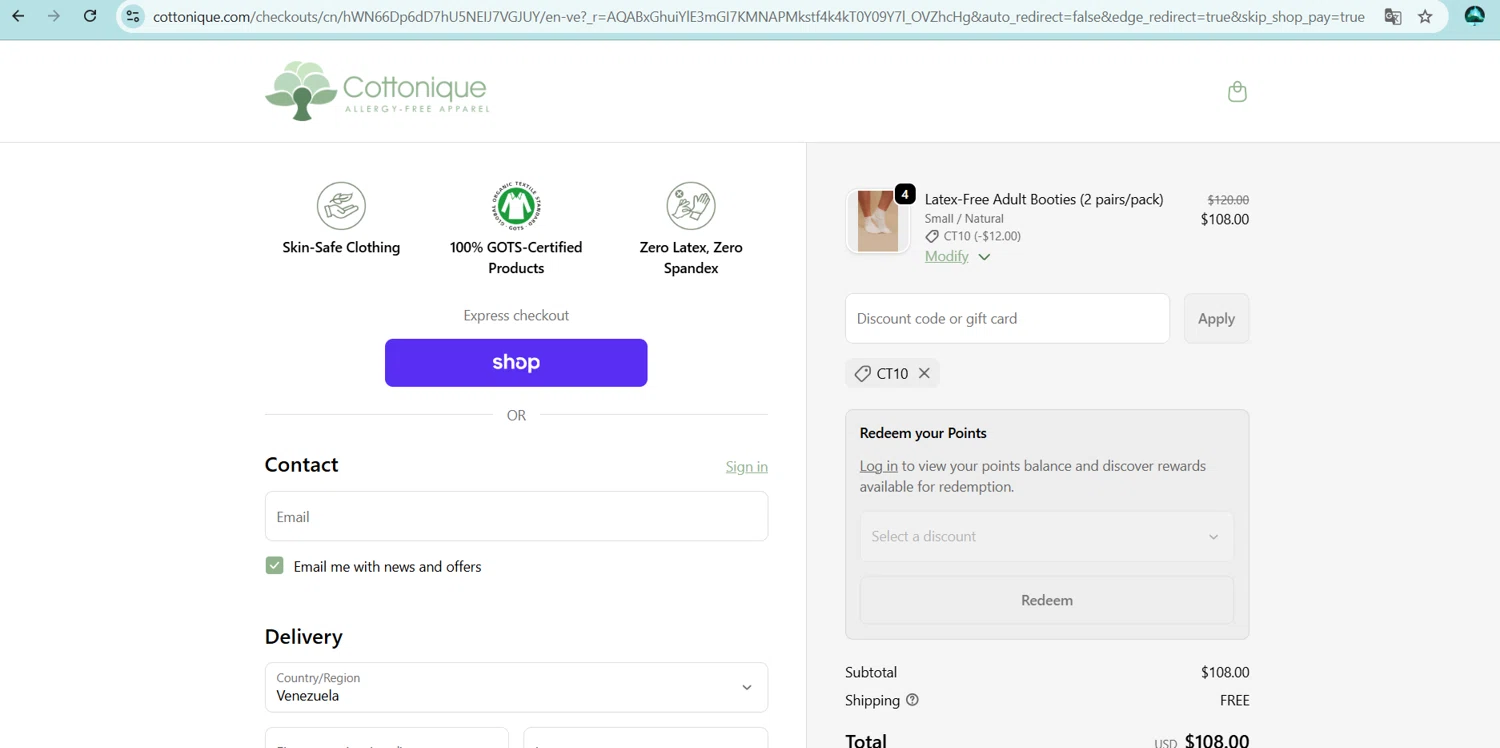 Cottonique discount code screenshot showing code CT10 applied at Cottonique checkout page. Uploaded by SimplyCodes community member ingri85 on Dec 6, 2025