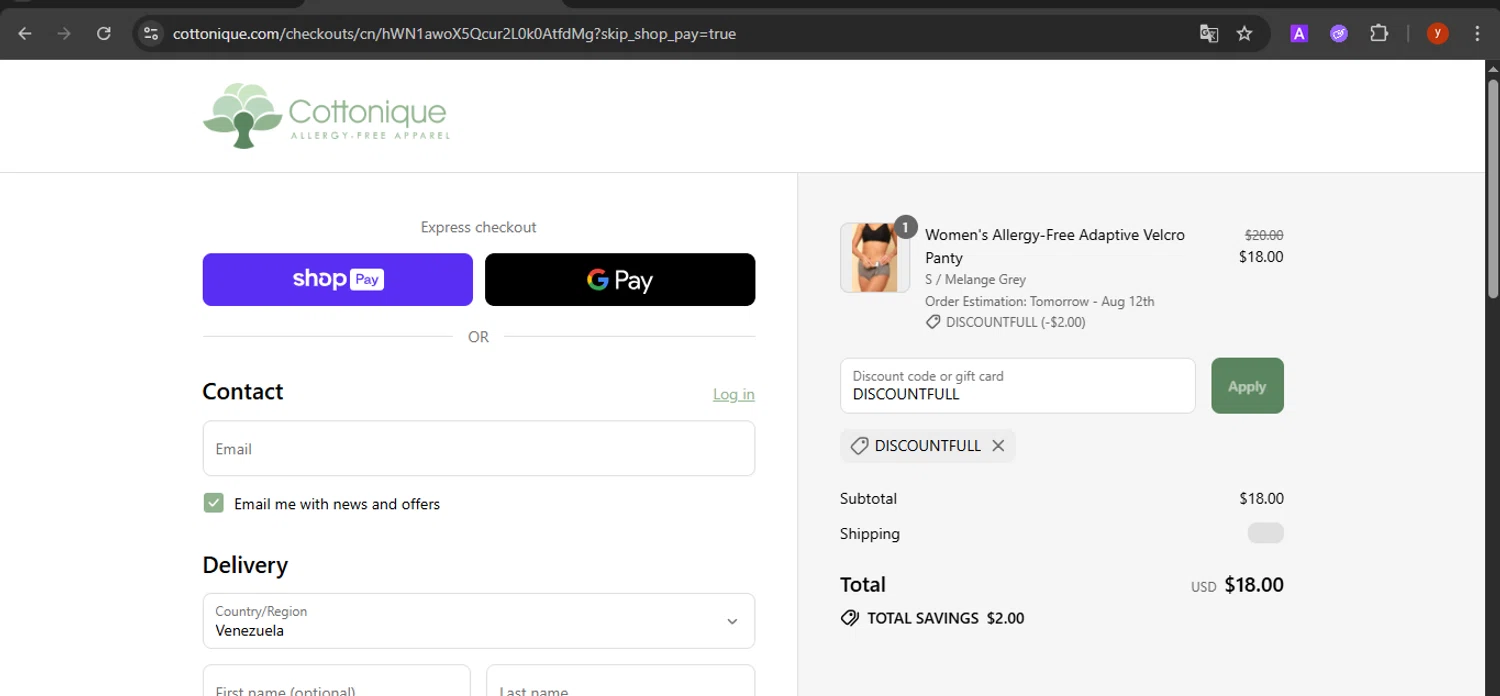 Cottonique discount code screenshot showing code DISCOUNTFULL applied at Cottonique checkout page. Uploaded by SimplyCodes community member CrownTiger7501 on Aug 9, 2025