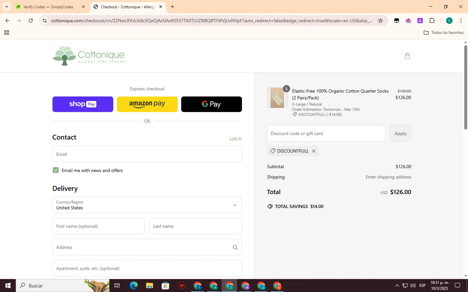 Cottonique discount code screenshot showing code DISCOUNTFULL applied at Cottonique checkout page. Uploaded by SimplyCodes community member EpicSpotter3493 on Mar 11, 2025