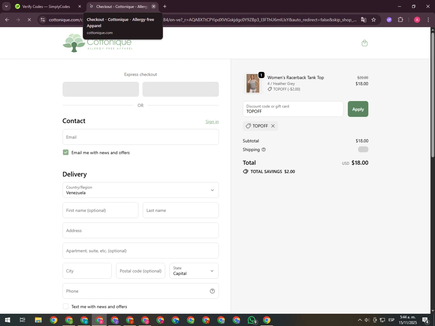 Cottonique discount code screenshot showing code TOPOFF applied at Cottonique checkout page. Uploaded by SimplyCodes community member CrownHawk3462 on Nov 15, 2025
