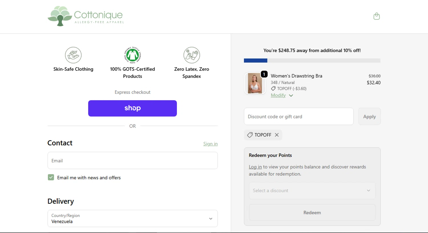 Cottonique discount code screenshot showing code TOPOFF applied at Cottonique checkout page. Uploaded by SimplyCodes community member Eliaslpz on Nov 30, 2025