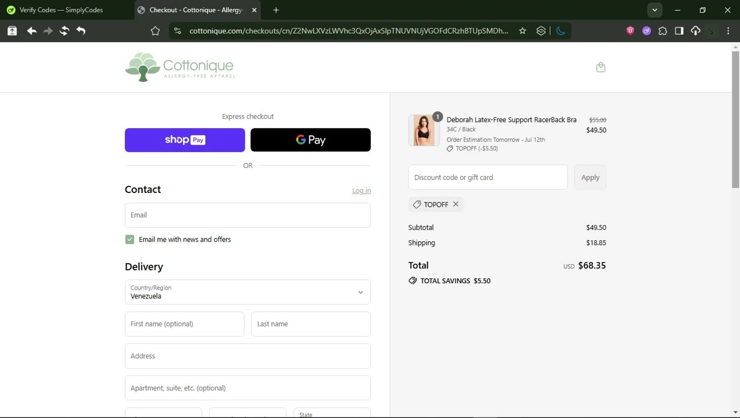 Cottonique discount code screenshot showing code TOPOFF applied at Cottonique checkout page. Uploaded by SimplyCodes community member RewardMonarch1185 on Jul 10, 2025