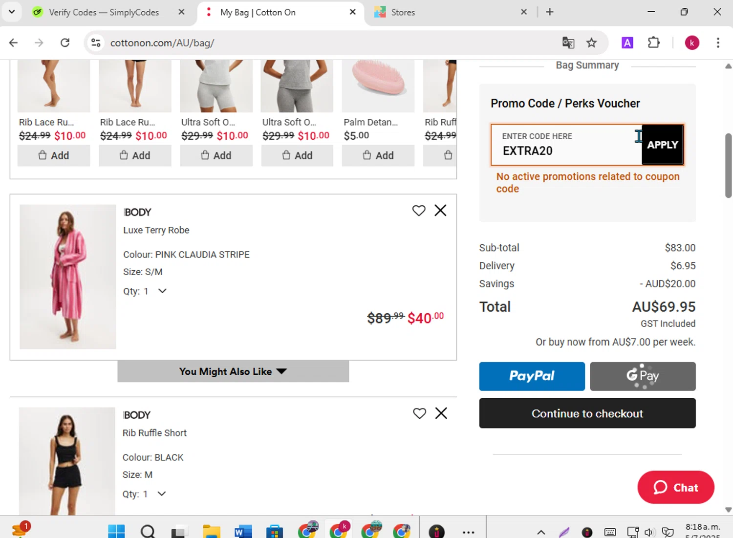 Cotton On promo code screenshot showing code EXTRA20 applied at Cotton On checkout page. Uploaded by SimplyCodes community member karoline on Jul 5, 2025
