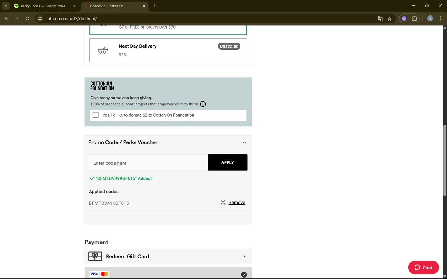 Cotton On promo code screenshot showing code DFMTDV49KGF615 applied at Cotton On checkout page. Uploaded by SimplyCodes community member frijolito on Jun 23, 2025