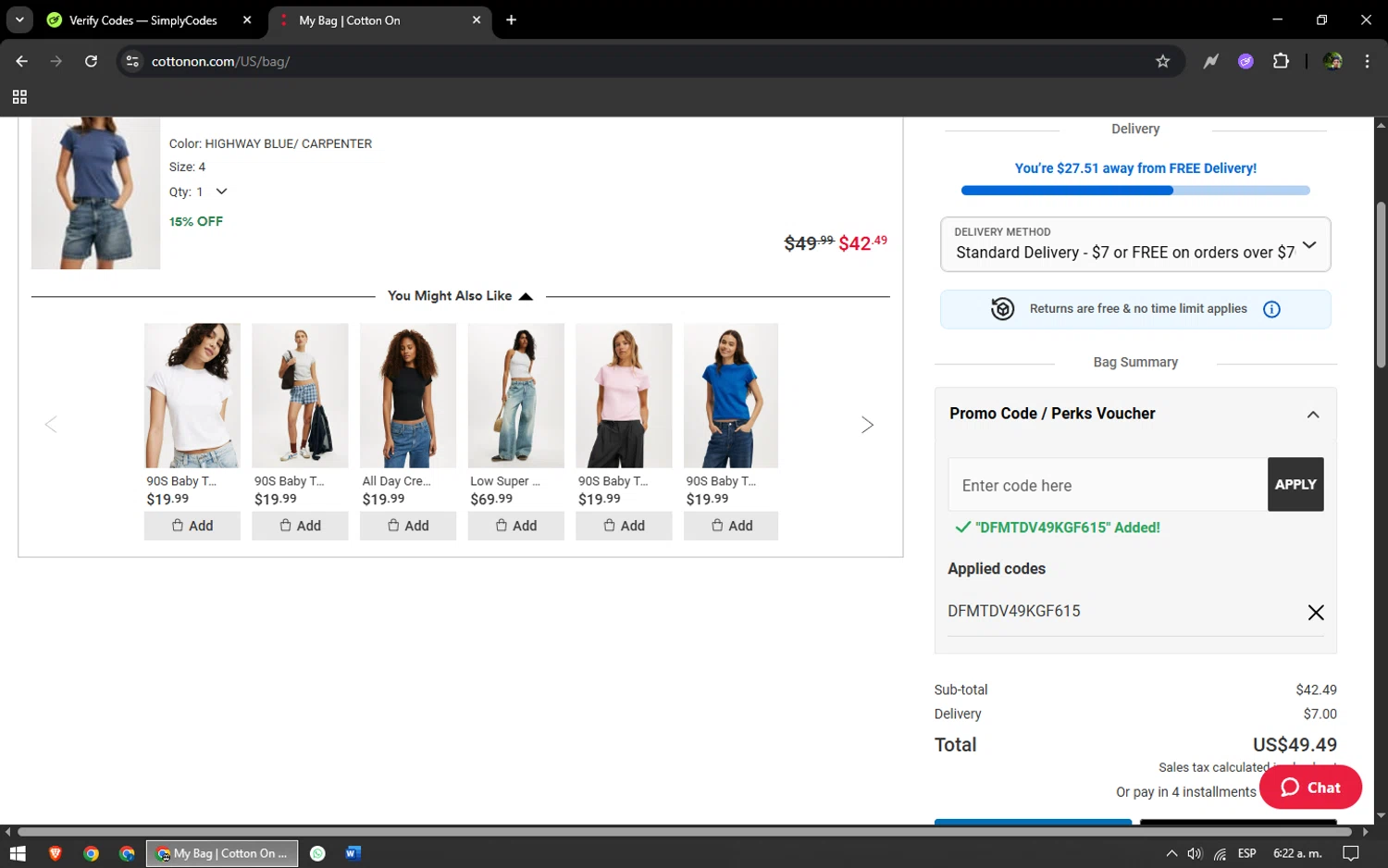 Cotton On promo code screenshot showing code DFMTDV49KGF615 applied at Cotton On checkout page. Uploaded by SimplyCodes community member yonaiker on Jun 12, 2025