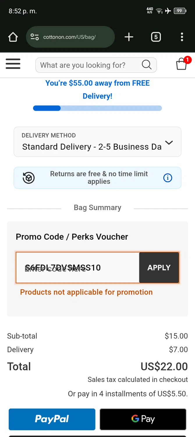 Cotton On promo code screenshot showing code S6FDL7DVSMSS10 applied at Cotton On checkout page. Uploaded by SimplyCodes community member Chinito0209 on Aug 21, 2025