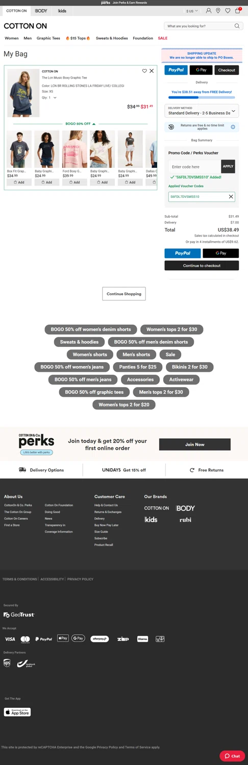 Cotton On promo code screenshot showing code S6FDL7DVSMSS10 applied at Cotton On checkout page. Uploaded by SimplyCodes community member Rossimar on Aug 12, 2025