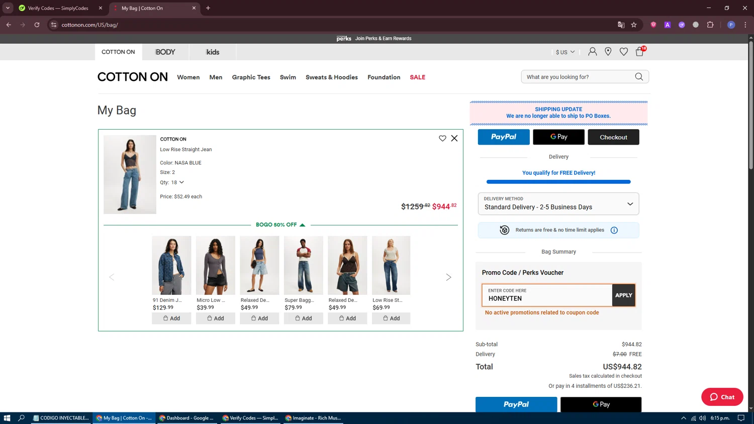 Cotton On promo code screenshot showing code HONEYTEN applied at Cotton On checkout page. Uploaded by SimplyCodes community member SavvyKnight6239 on Jul 15, 2025