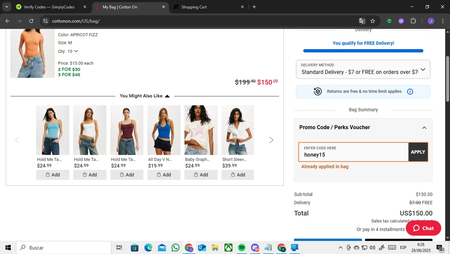 Cotton On promo code screenshot showing code honey15 applied at Cotton On checkout page. Uploaded by SimplyCodes community member ENCARAMESSI on Jun 29, 2025