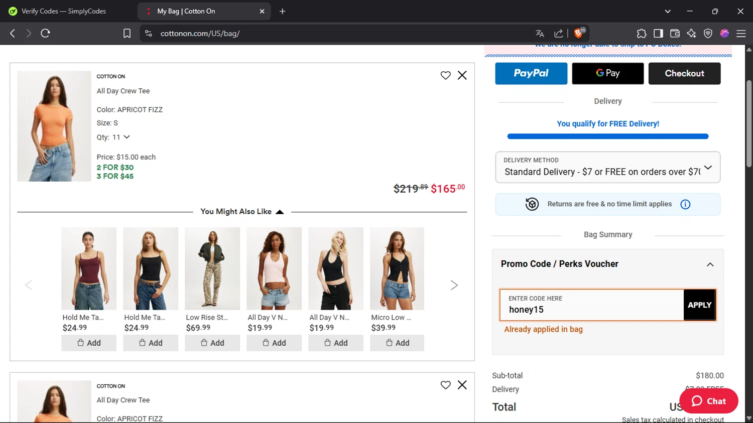 Cotton On promo code screenshot showing code honey15 applied at Cotton On checkout page. Uploaded by SimplyCodes community member Pinkicuat on Jun 17, 2025
