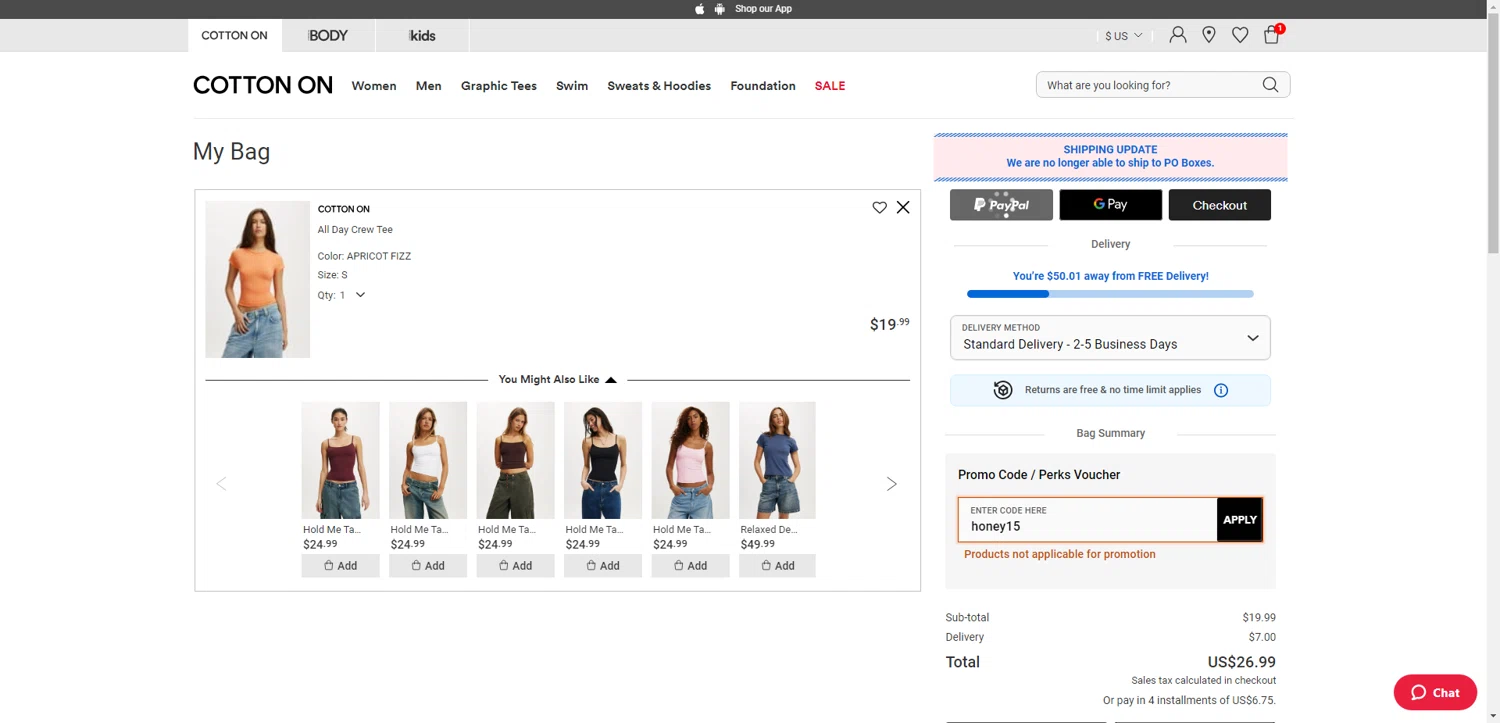 Cotton On promo code screenshot showing code honey15 applied at Cotton On checkout page. Uploaded by SimplyCodes community member aver_136263192 on Jul 7, 2025