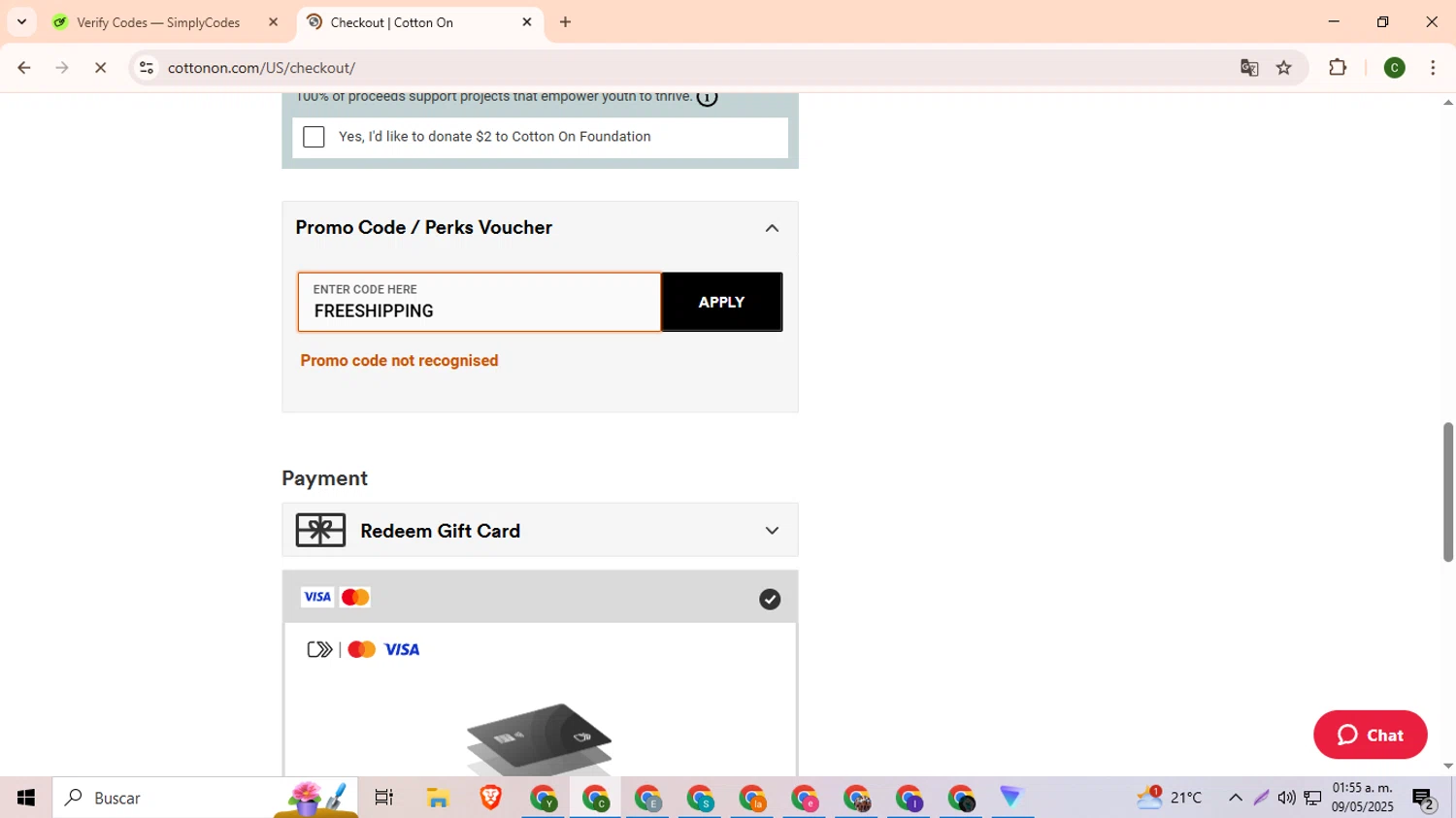 Cotton On promo code screenshot showing code FREESHIPPING applied at Cotton On checkout page. Uploaded by SimplyCodes community member DevianArt on May 9, 2025