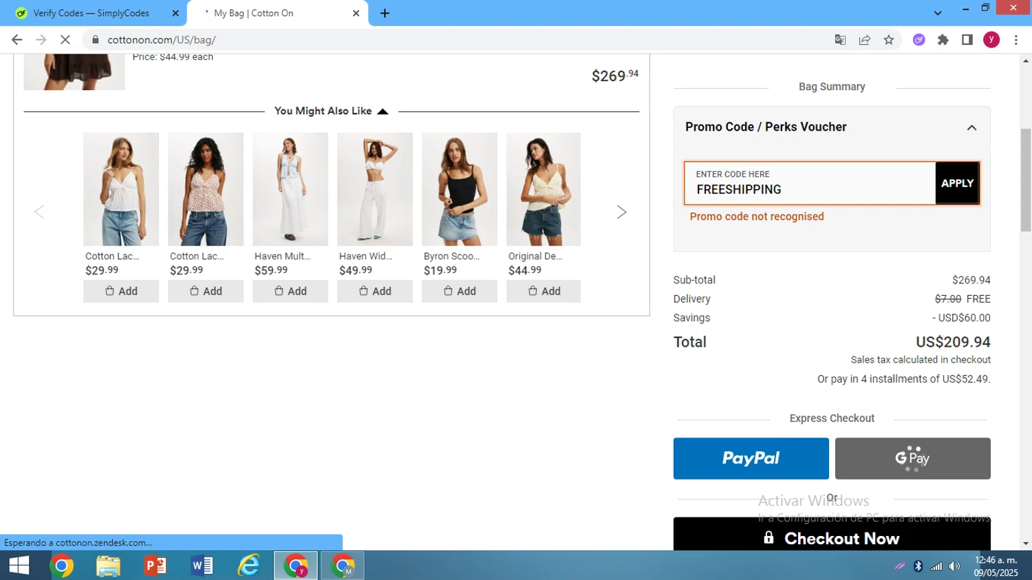 Cotton On promo code screenshot showing code FREESHIPPING applied at Cotton On checkout page. Uploaded by SimplyCodes community member ThriftyWizard1508 on May 9, 2025